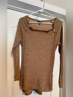 Allison Brittney Tan Ribbed Knit Sweater with Asymmetric Zipper Detail
